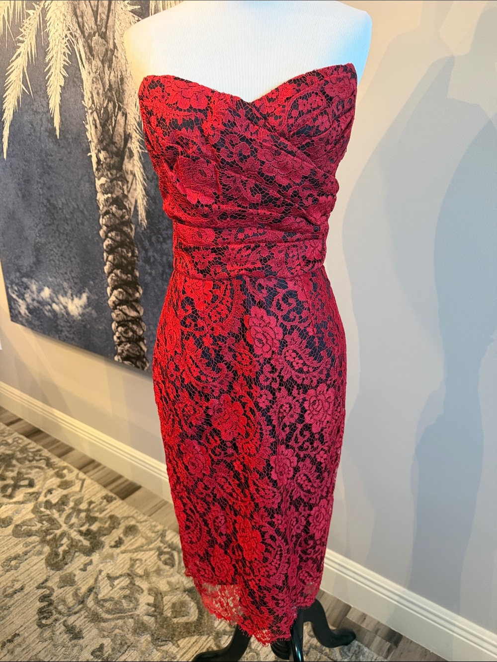 Dolce & Gabbana Strapless Red Lace Pencil Dress with Sweetheart Neckline